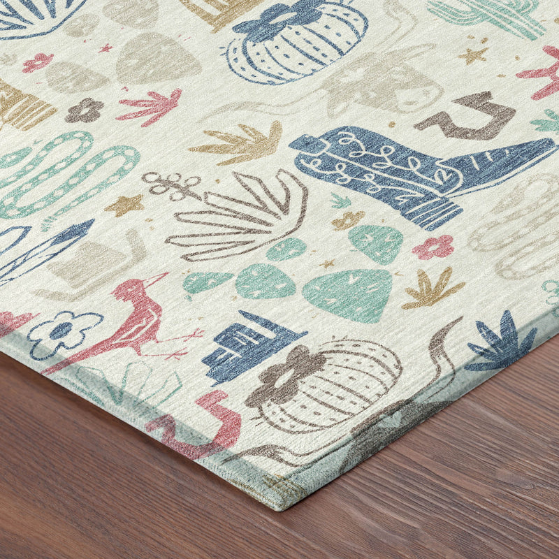 Corner of cactus desert print area rug with light beige base and multicolor graphic motifs.