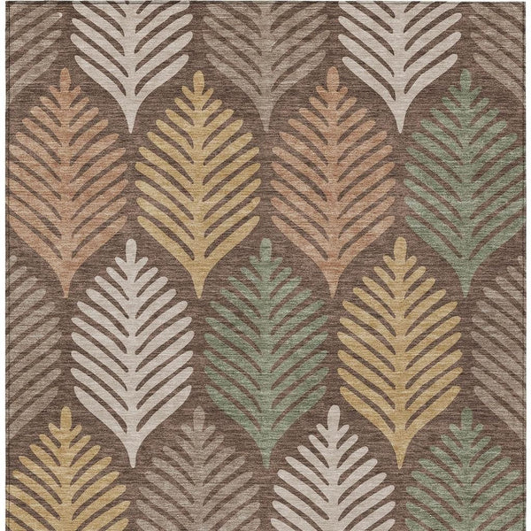 Beige-on-chocolate leaf pattern area rug with muted gold and sage accent details