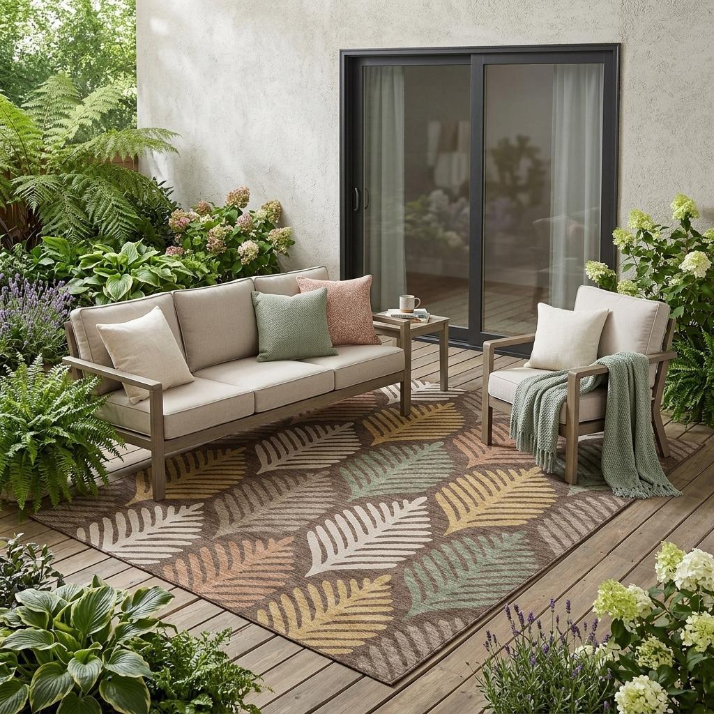Outdoor area rug with chocolate brown and beige leaf motif, soft muted color accents