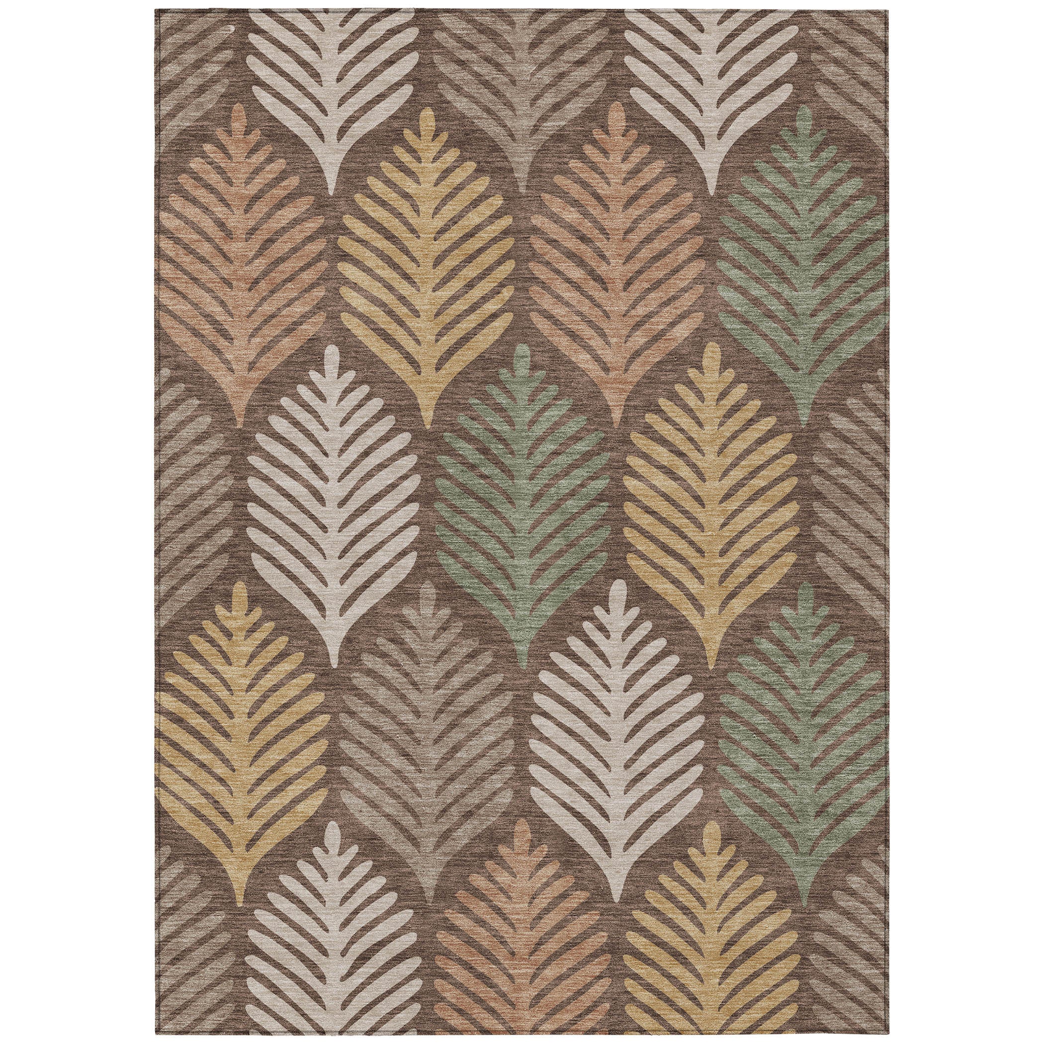Full view area rug in chocolate brown with beige and multicolor leaf pattern