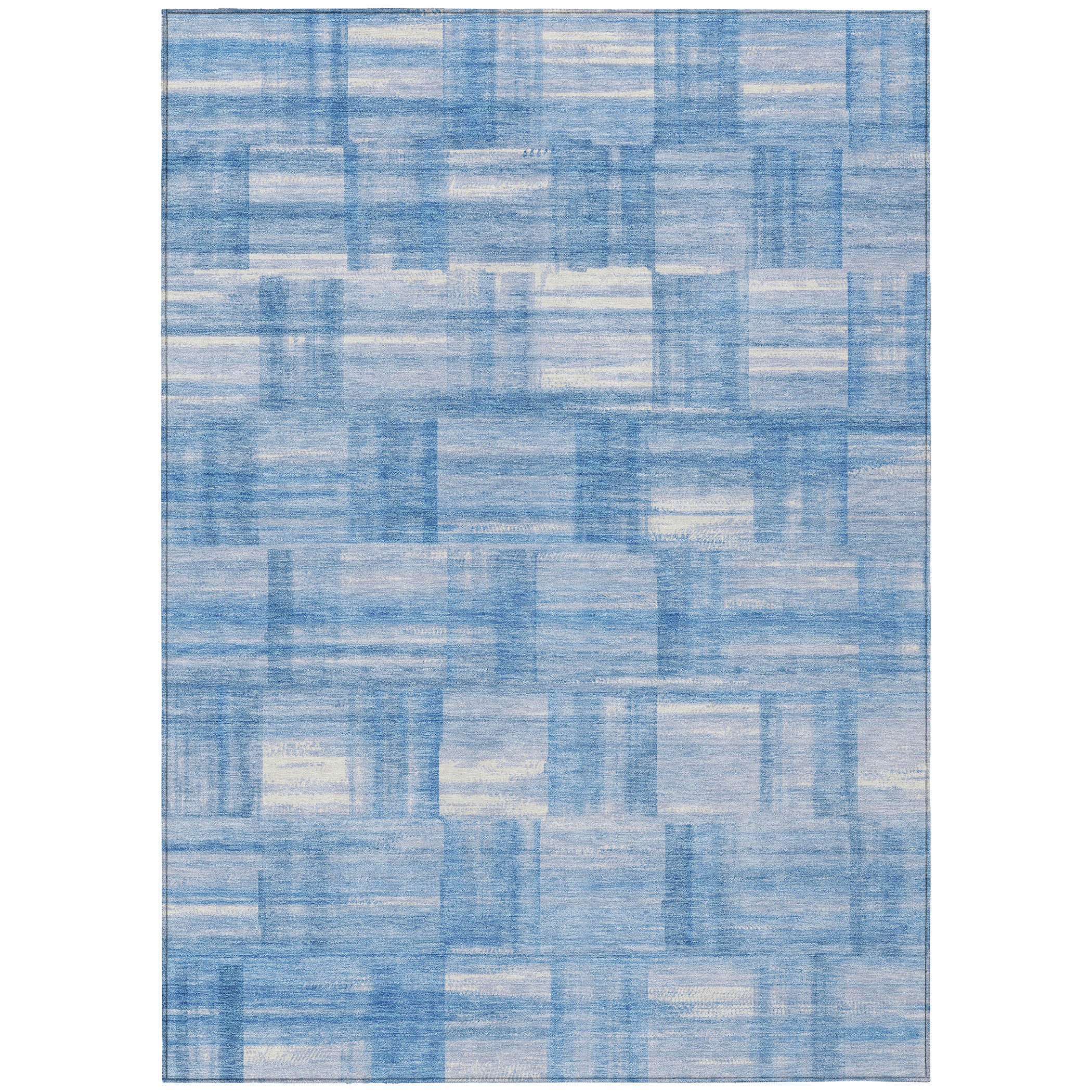 Blue and ivory patchwork rectangle rug with thin border