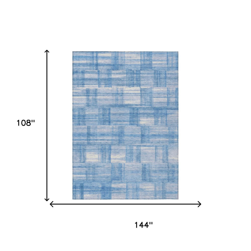 Blue and ivory patchwork rug, size 144 x 108 in