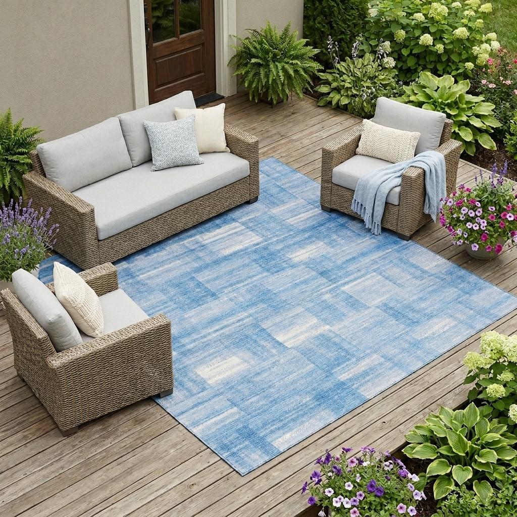 Blue and ivory patchwork area rug on outdoor deck beside seating