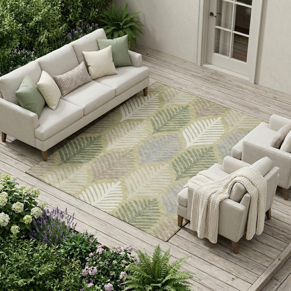 Indoor outdoor area rug with muted green and ivory leaf motif, shown on a covered patio