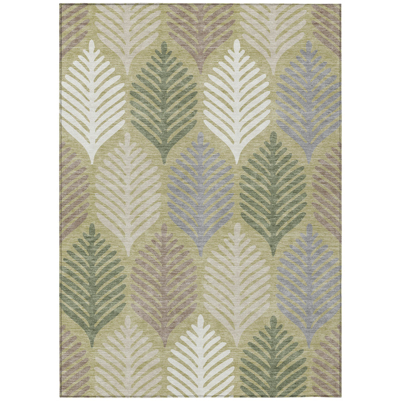 Area rug in muted green and ivory with repeating leaf pattern and thin border