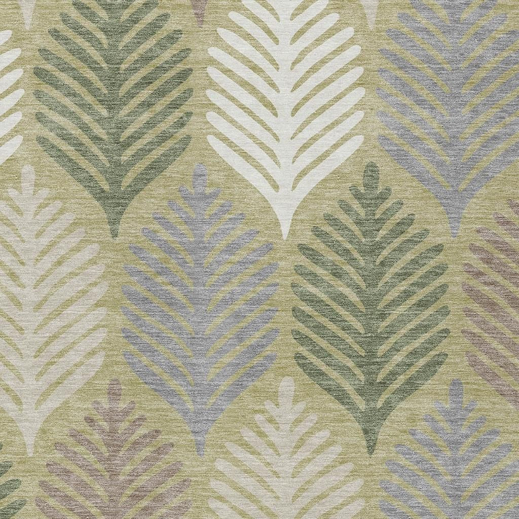 Pattern detail area rug with overlapping leaf silhouettes in muted green and ivory