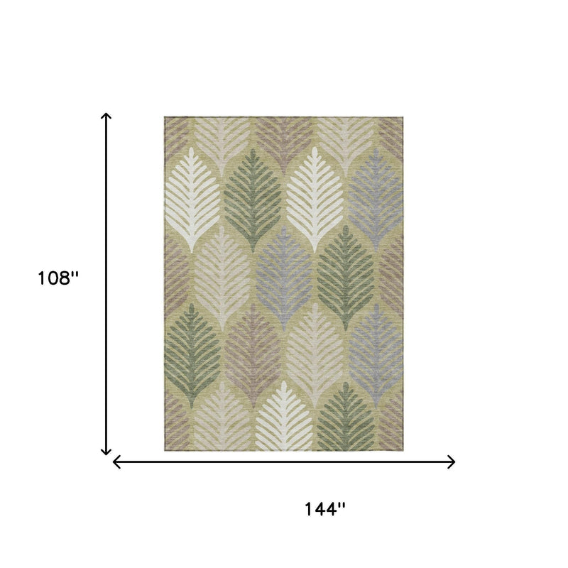 9 ft x 12 ft area rug with muted green and ivory leaf pattern, washable indoor/outdoor