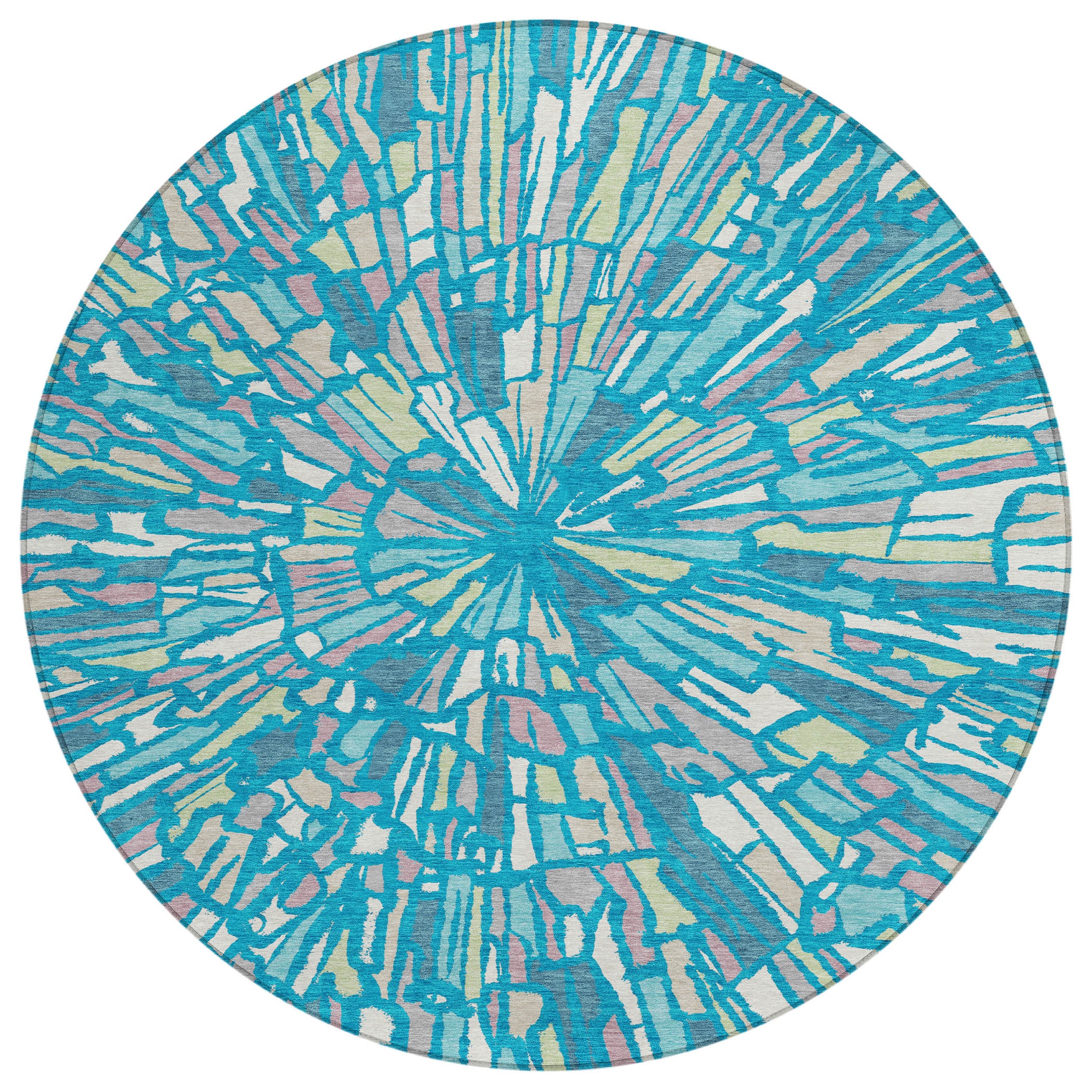 Round abstract area rug featuring teal-blue sunburst design with cream and green streaks.