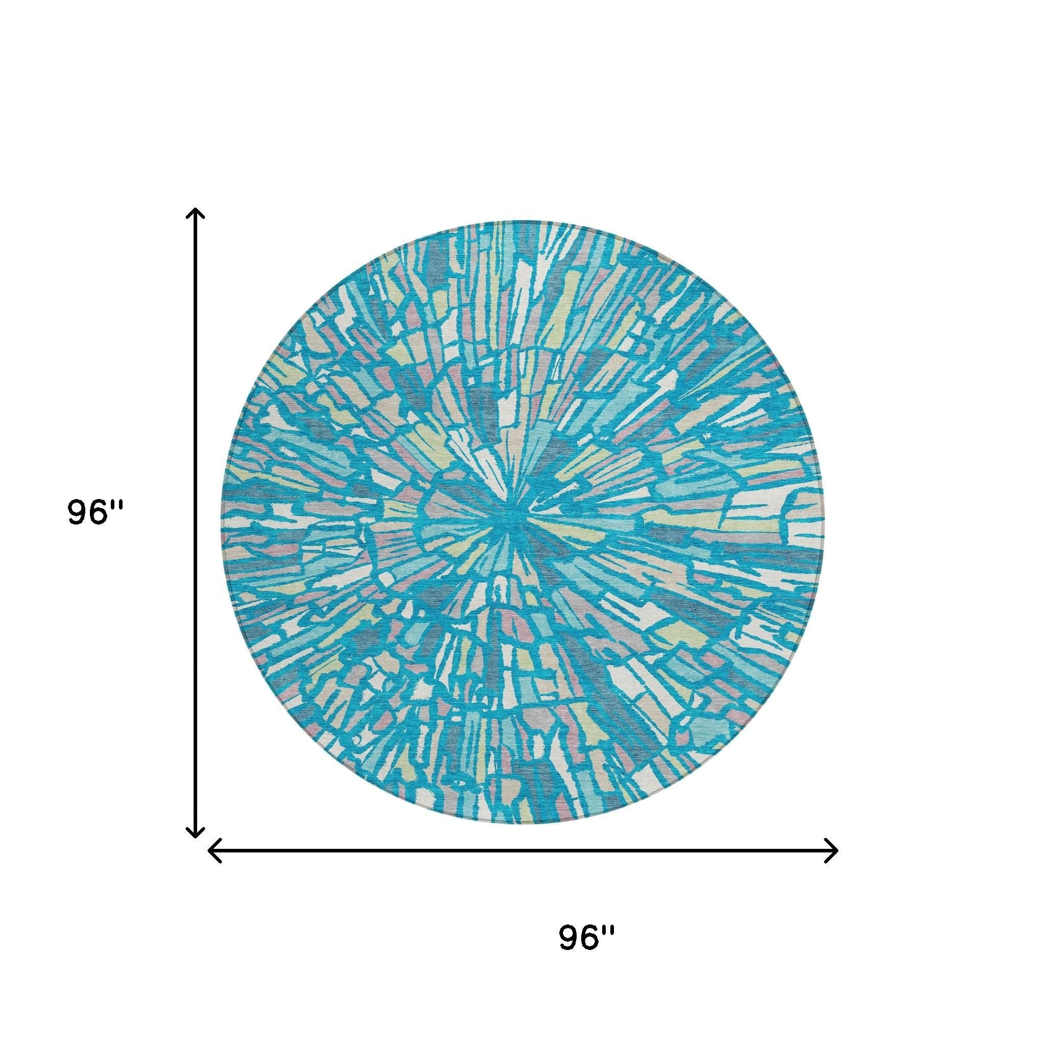 Round abstract area rug, teal-blue burst design, 96 in diameter (diagram).