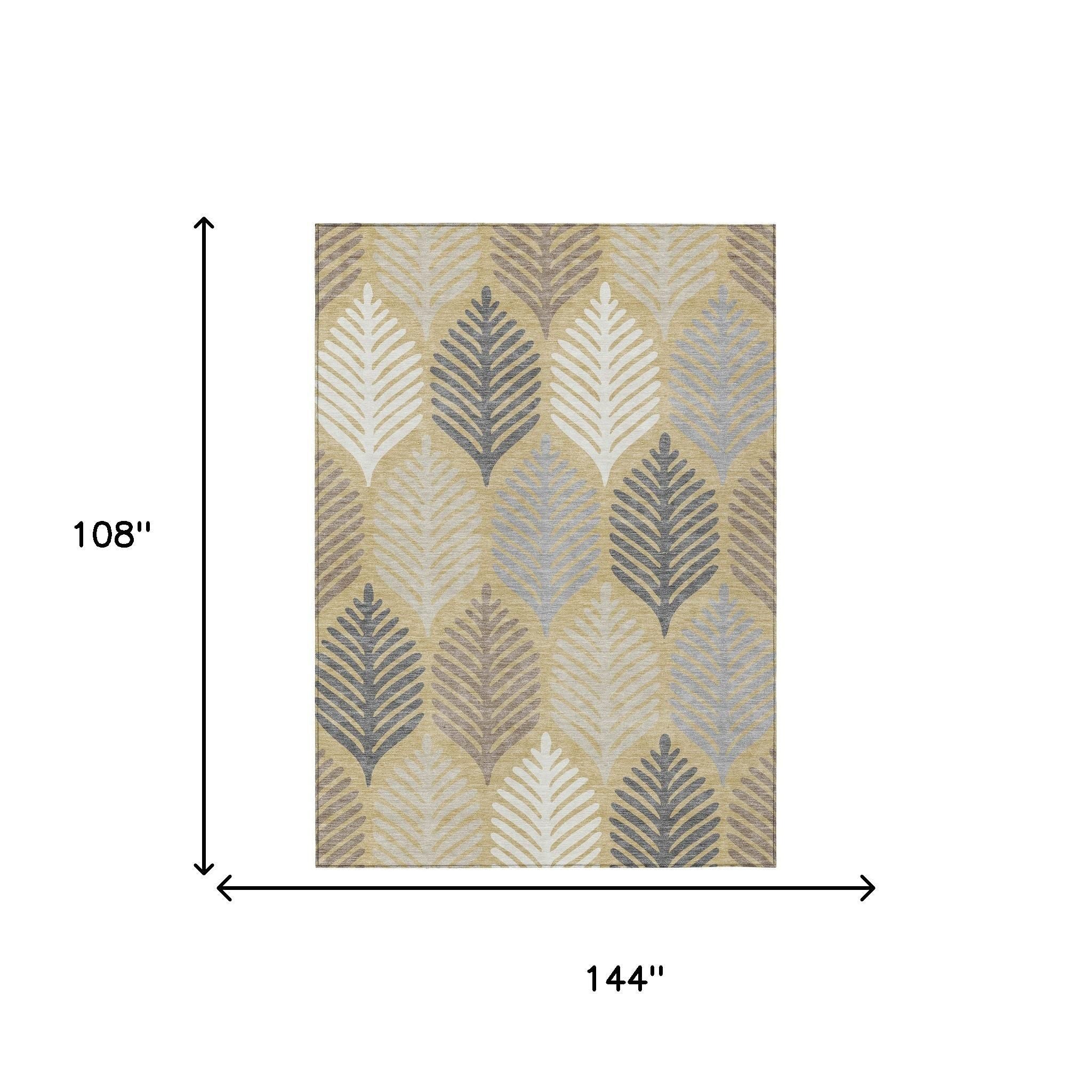 Indoor outdoor area rug with ivory and gold leaf pattern in gray accents