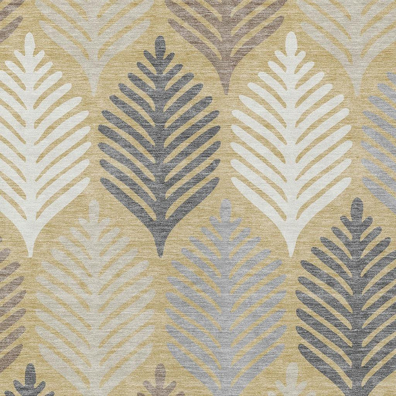 Indoor outdoor area rug close-up of ivory and gold leaf silhouettes with gray
