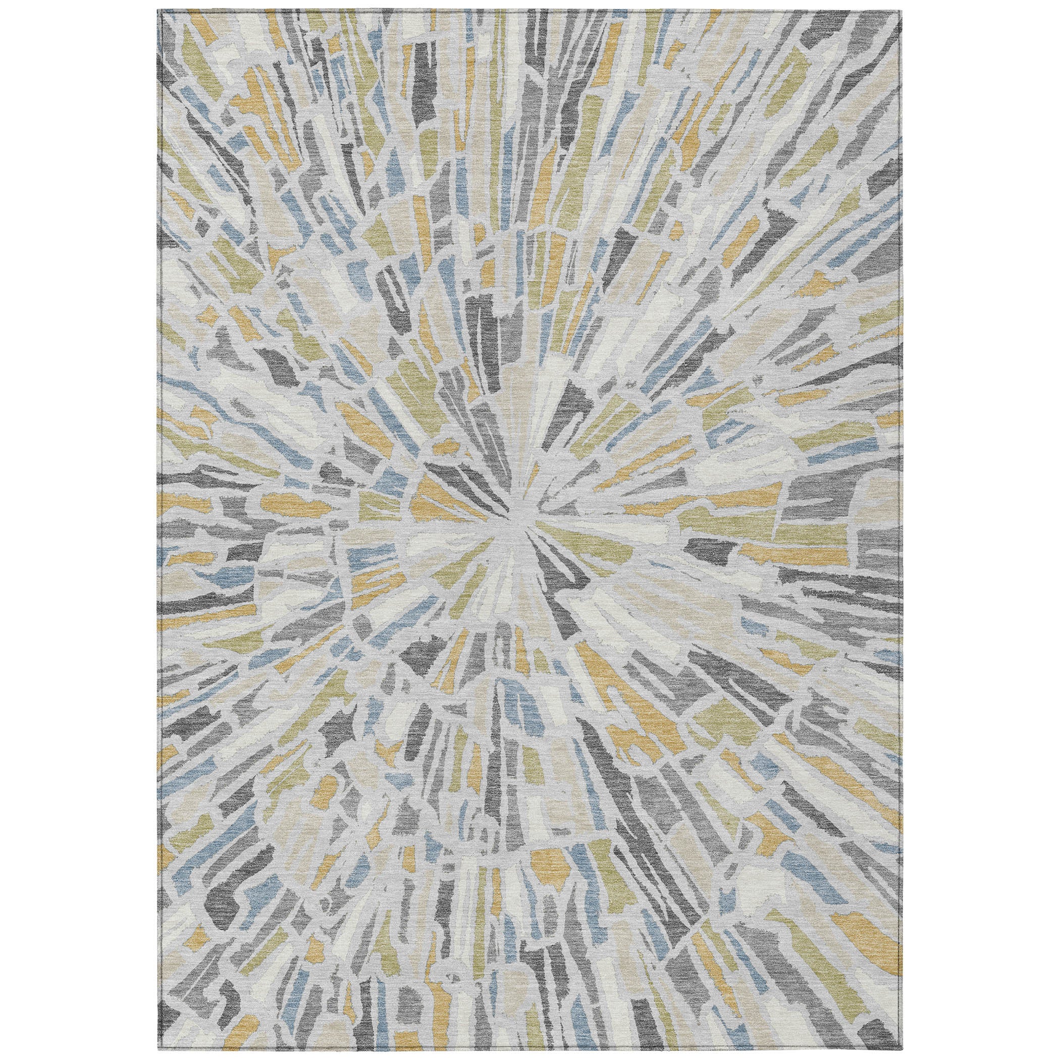 Abstract rug close-up with silver-gray, blue, and yellow sunburst rays on light base