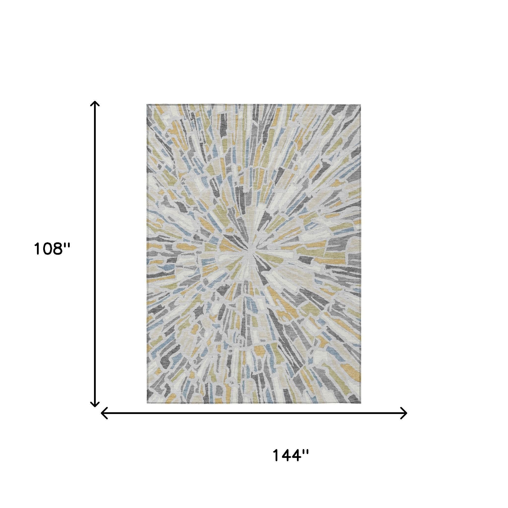 Abstract area rug with silver-gray sunburst pattern in blue and gold; 144 x 108 in
