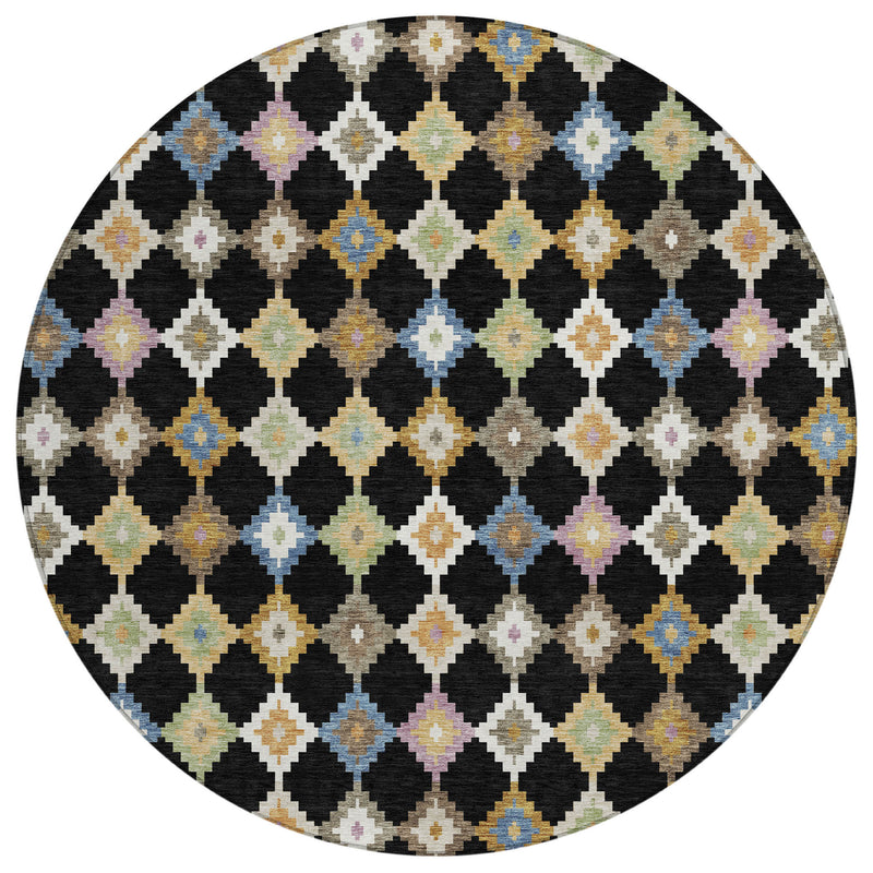 Round area rug with black background and multicolor geometric Aztec diamond pattern