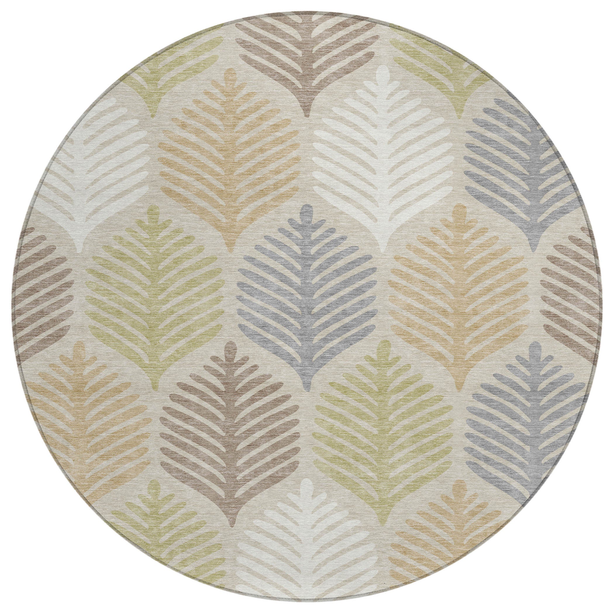 Beige and ivory round rug featuring soft green, blue, and brown leaf pattern