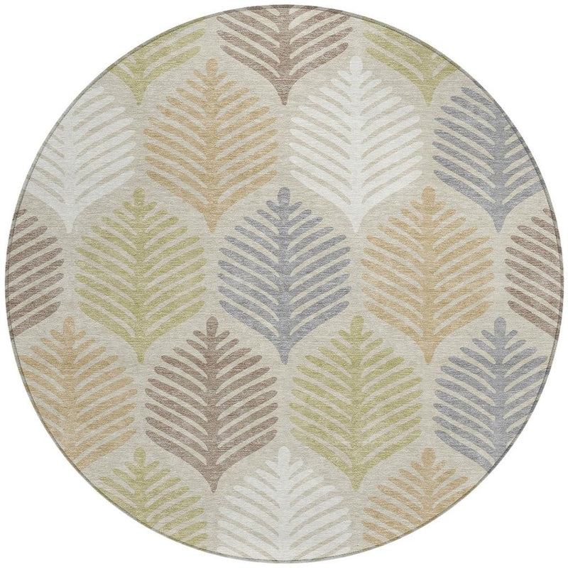 Round area rug in beige and ivory with multicolor leaf pattern and gray edge