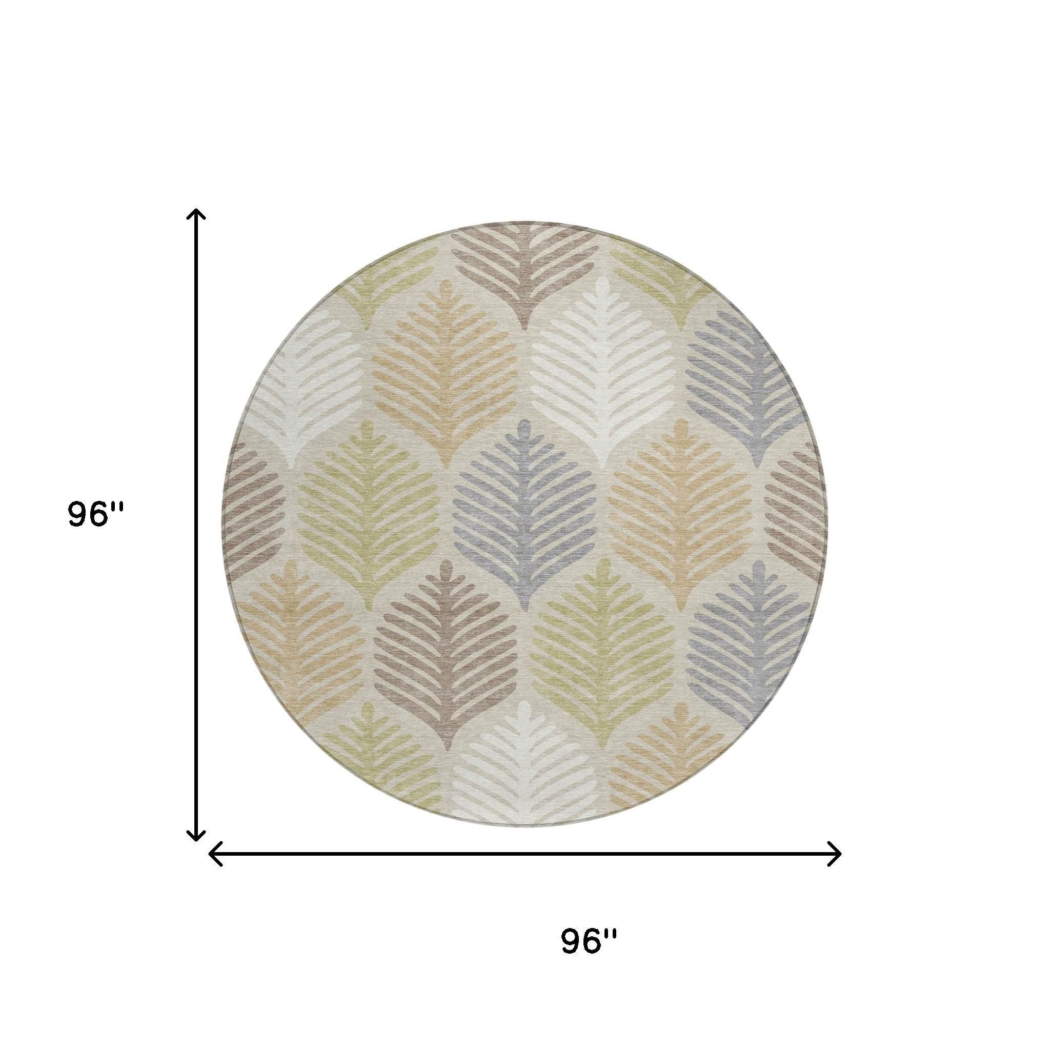 Round area rug, beige and ivory leaf pattern; size shown as 96 in