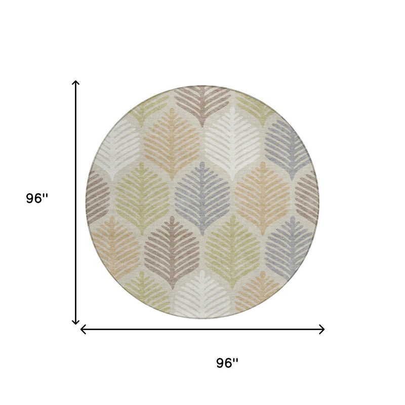 Round area rug, beige and ivory leaf pattern; size shown as 96 in