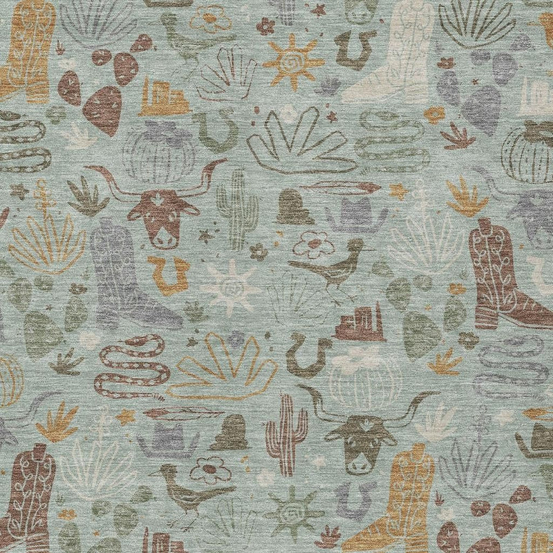 Sage green rug with scattered cacti and desert symbols pattern in gold and earthy accents