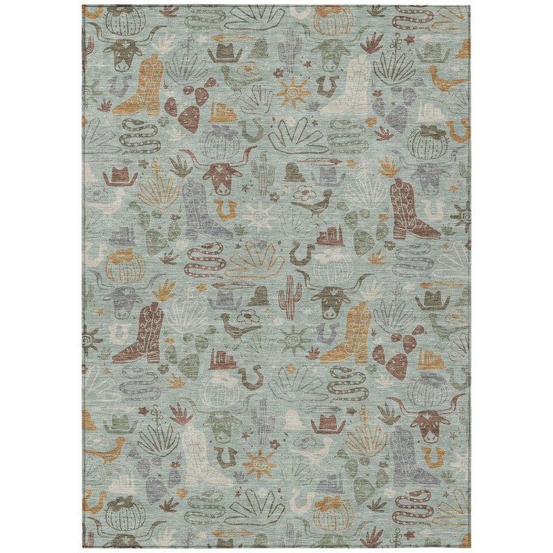 Sage green 8x10 area rug with cactus and desert icon pattern in gold and brown