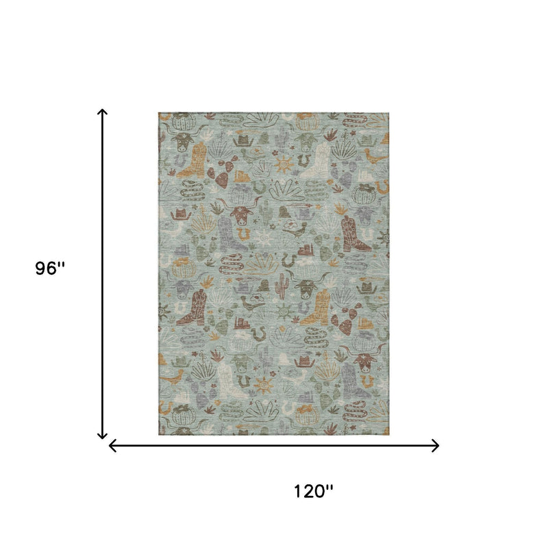 Rectangular sage green rug, 8' x 10', with cactus and desert icon pattern in gold