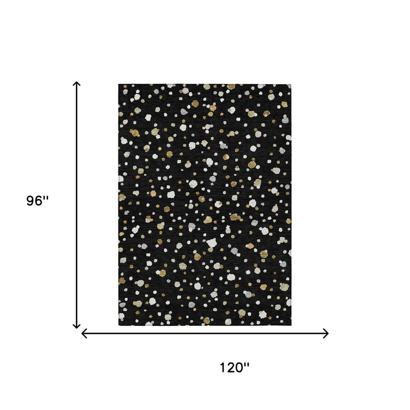 Geometric area rug, black with white and gold speckled shapes, shown with dimensions.