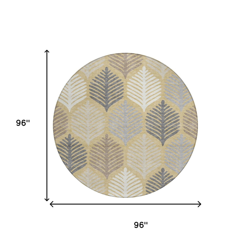 Round area rug with leaf pattern; 96 in diameter shown in measurement graphic
