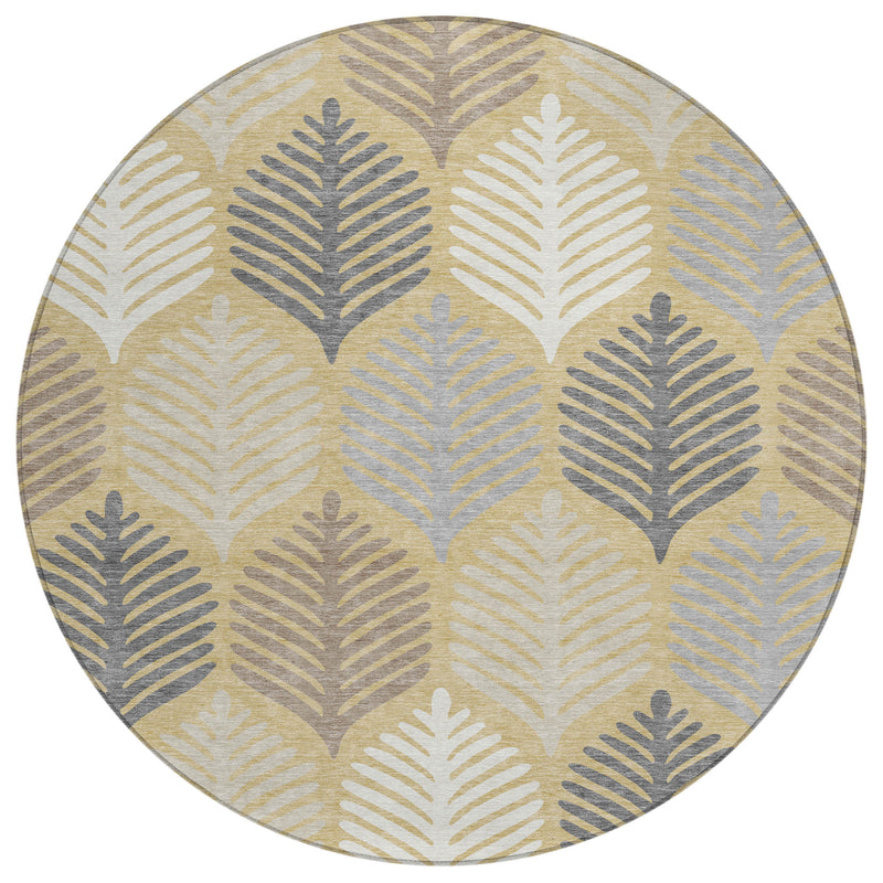 Round indoor/outdoor area rug, ivory and gold with blue-gray leaf pattern