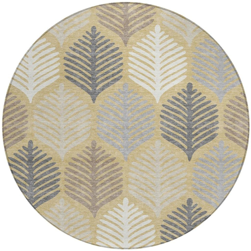 Round area rug design view: ivory base with gold tone and blue-gray leaves