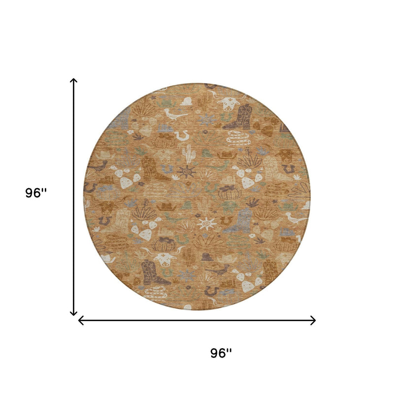 Round area rug, 96 in diameter, desert cactus and animal motifs in copper and teal