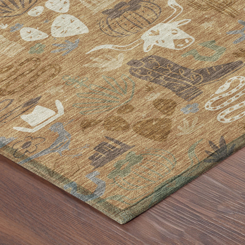 Round rug corner with desert icon pattern in copper, teal, and beige textured weave