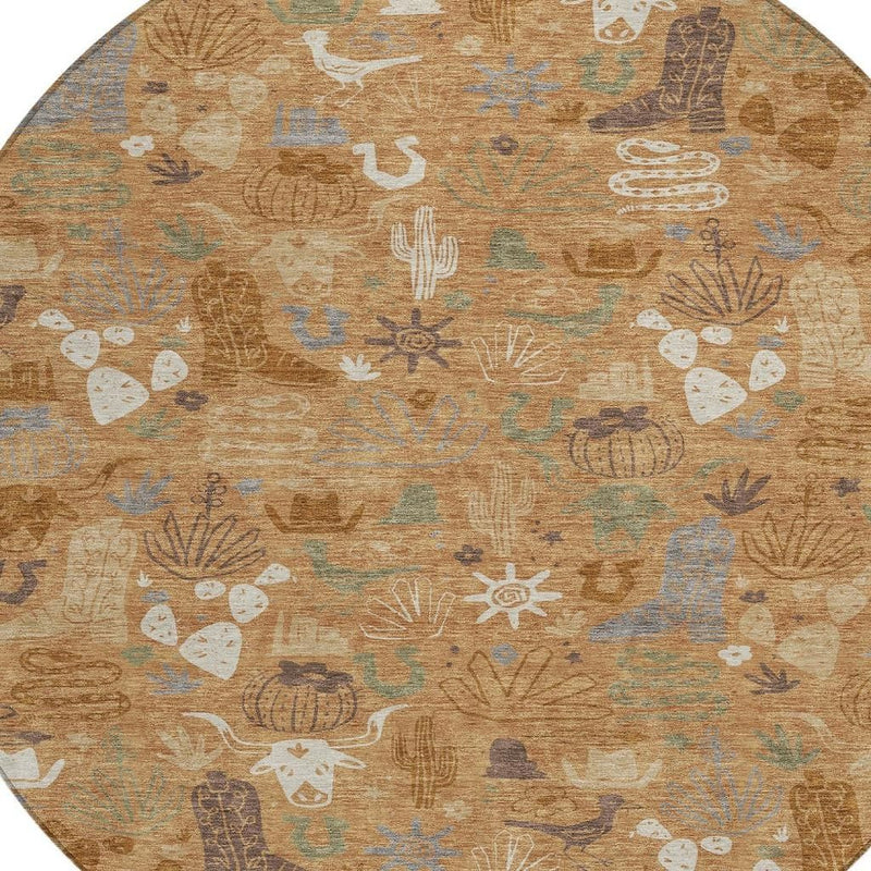 Round rug with desert icon pattern, copper and teal motifs on warm beige background