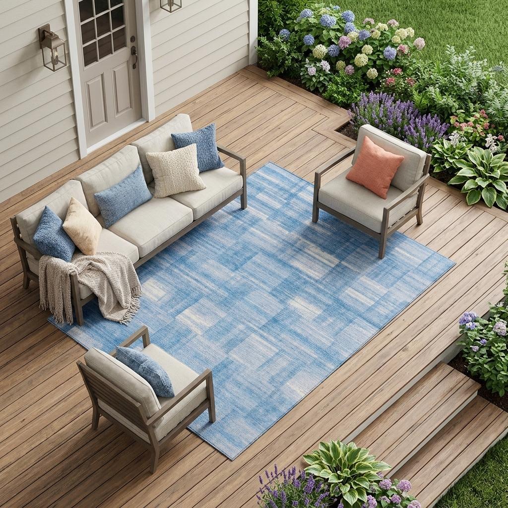 Indoor/outdoor area rug with blue and ivory patchwork grid pattern