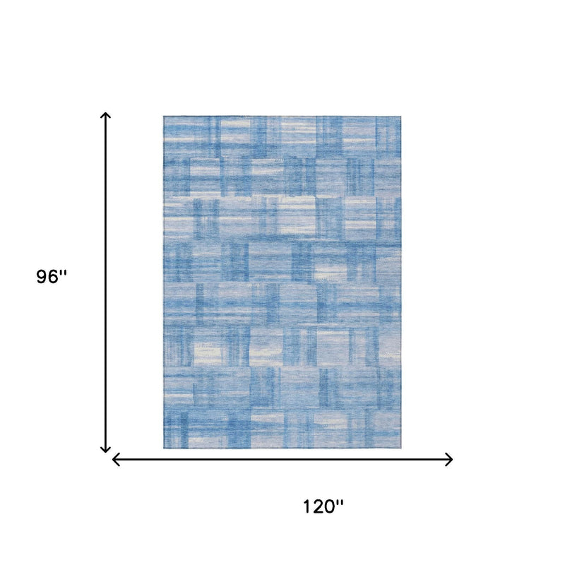 Blue and ivory patchwork grid area rug, measured 120 in by 96 in