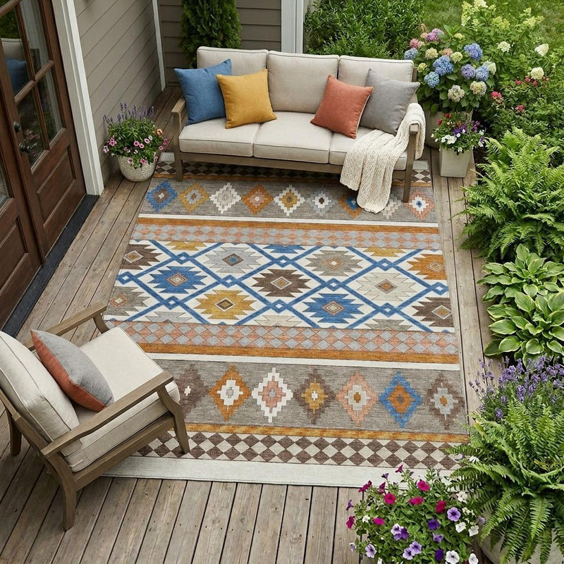 Southwestern area rug with blue lattice diamonds, tan and orange accents on ivory