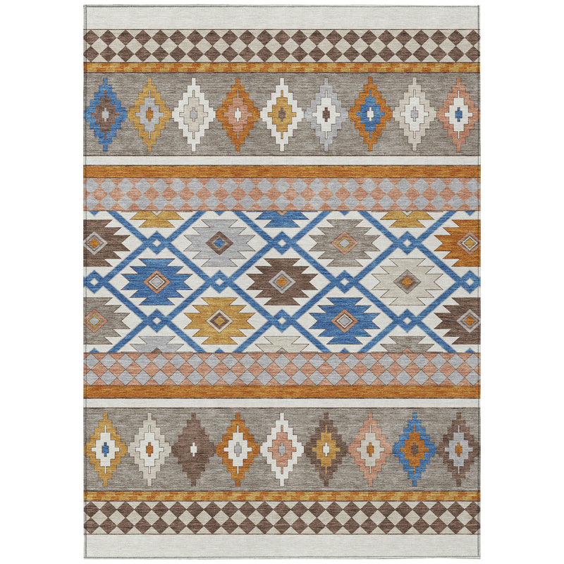 Southwestern area rug with ivory base, brown trim, and blue orange diamond pattern