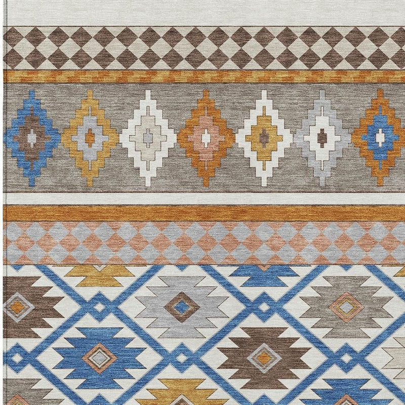 Southwestern area rug section with multicolor diamonds and horizontal stripe border