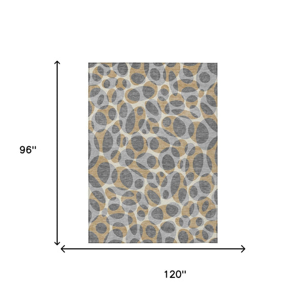 Abstract washable indoor/outdoor area rug with gray and beige oval pattern