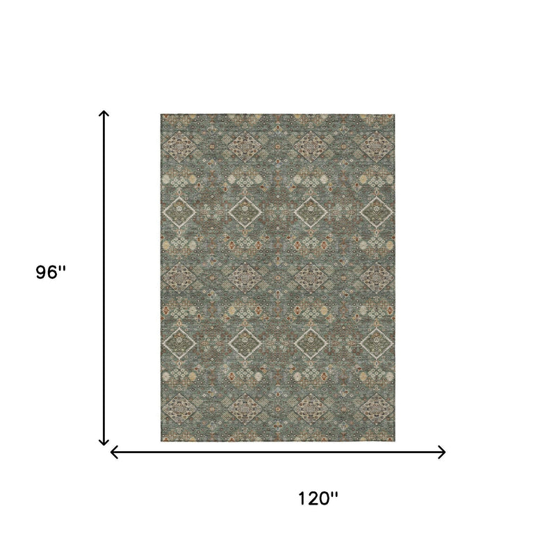 Geometric area rug size 8x10 ft, teal-green and taupe geometric diamond pattern
