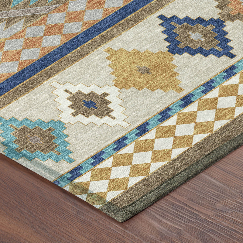 Corner detail of Southwestern area rug with multicolor diamond shapes and blue border