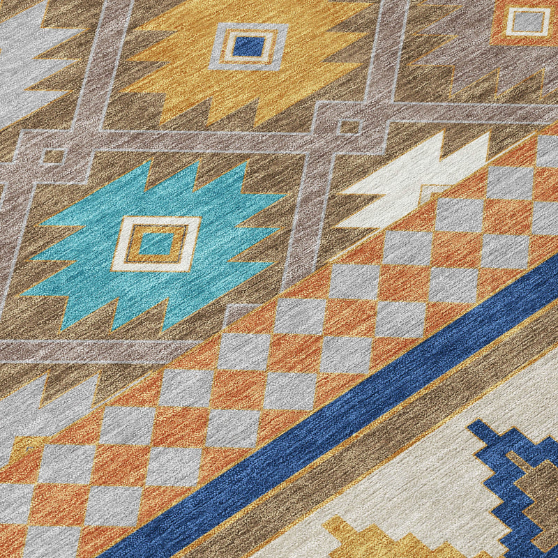 Close-up of Southwestern rug pattern with orange, turquoise, and blue check and diamond motifs