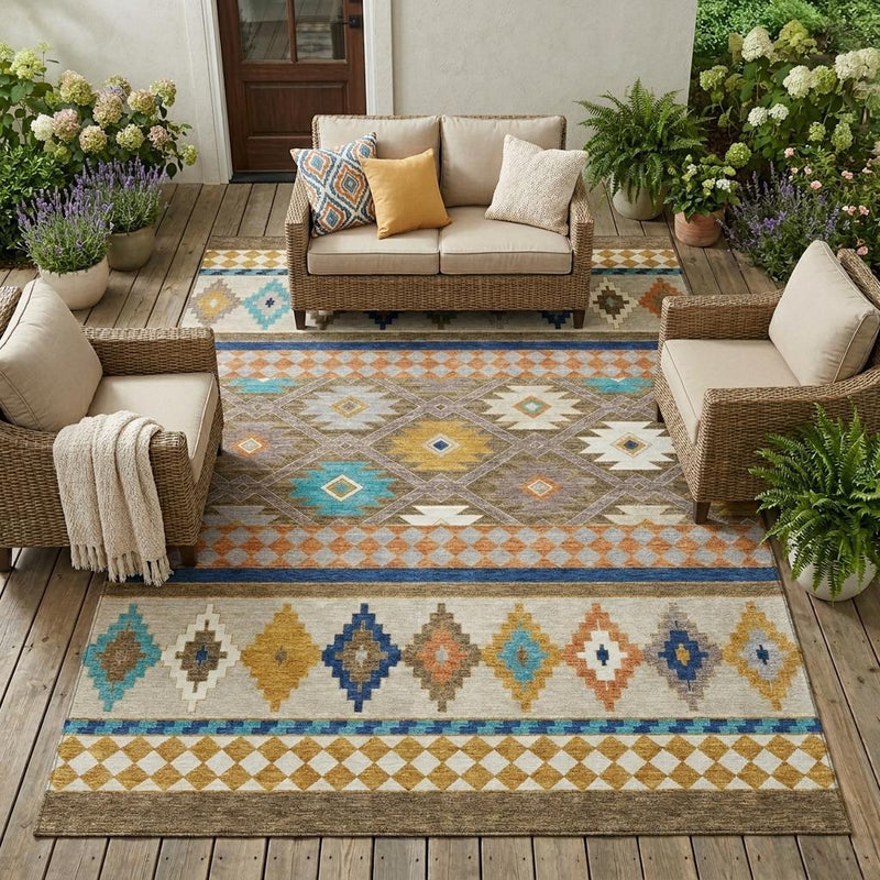 Southwestern geometric area rug with diamond and stripe bands in tan, taupe, and blue tones