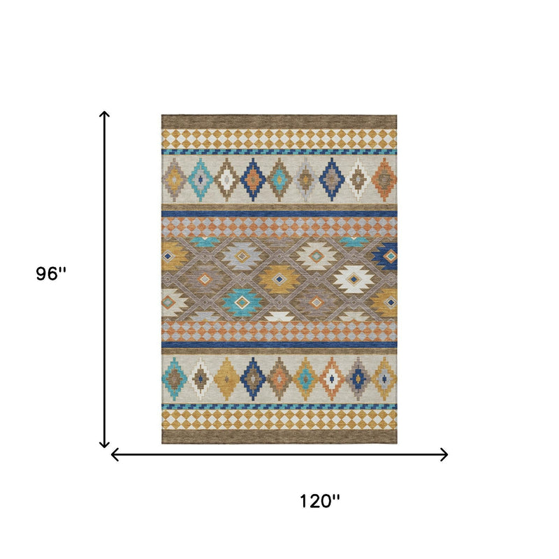 Rectangular southwestern area rug with geometric bands and diamond motifs in brown and taupe