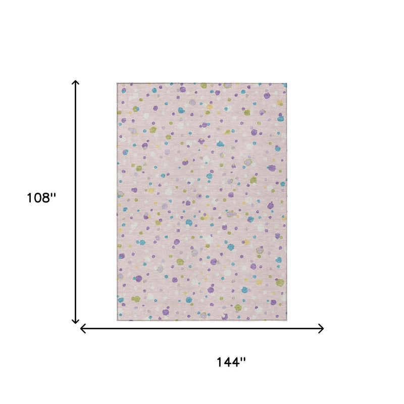 Pink and ivory area rug size diagram, 108 x 144 in, multicolor pebble pattern