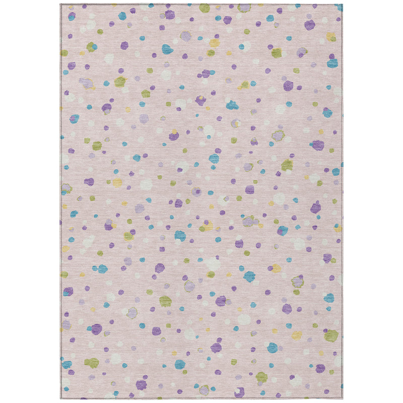 Pink and ivory geometric dot area rug with multicolor accents, flat rectangular view
