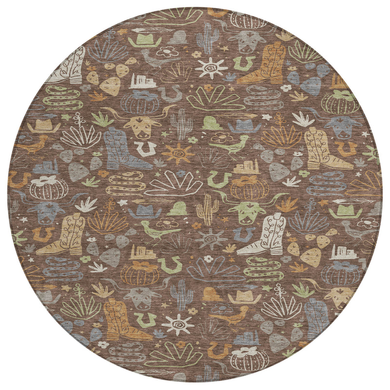96-inch round area rug with cactus and desert pattern in chocolate brown, beige, and green