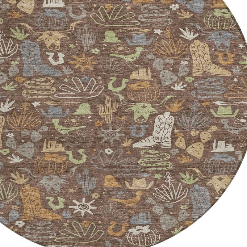 Close-up round rug showing cactus and desert icons on a brown fabric background