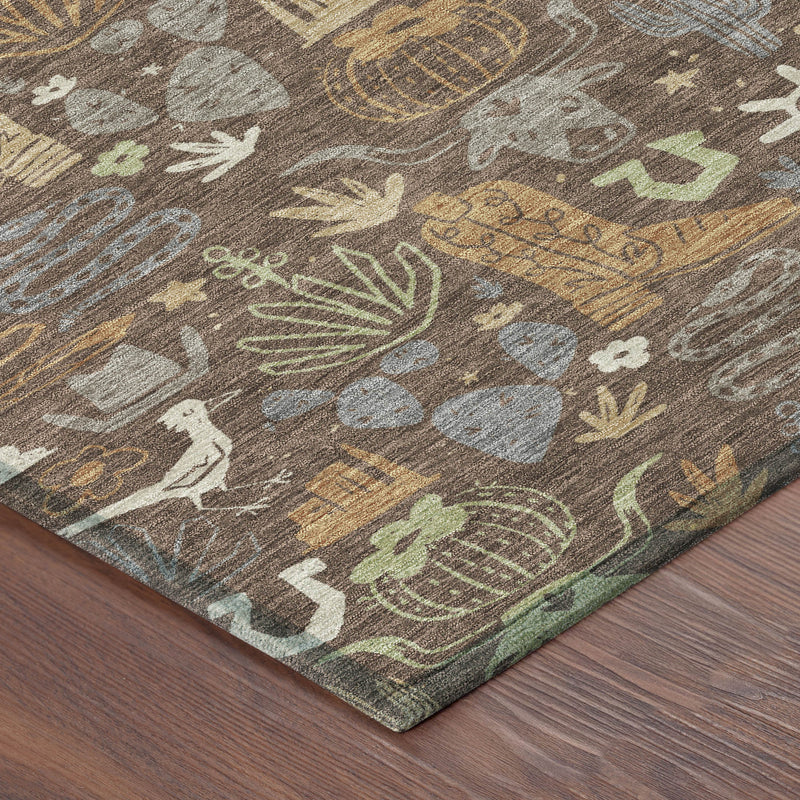 Corner of round cactus area rug with multicolor desert motif and textured weave