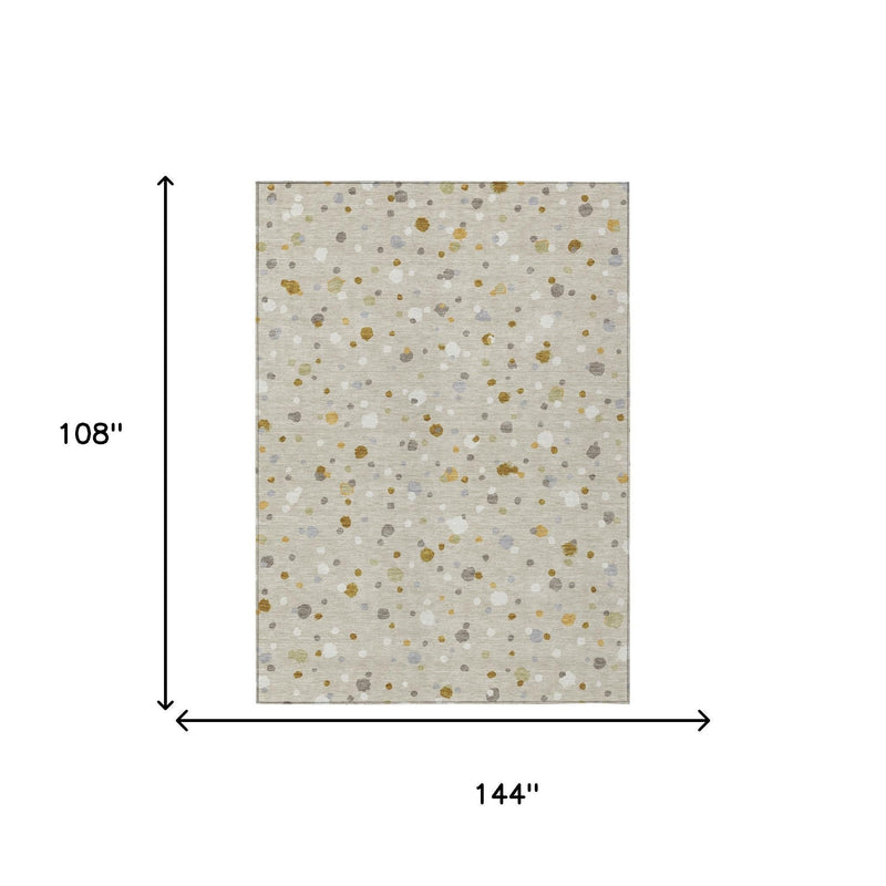 Beige geometric speckle area rug layout with dimensions 108 x 144 inches