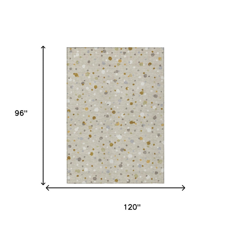 Beige rug shown with dimensions; gold and gray speckled geometric pattern